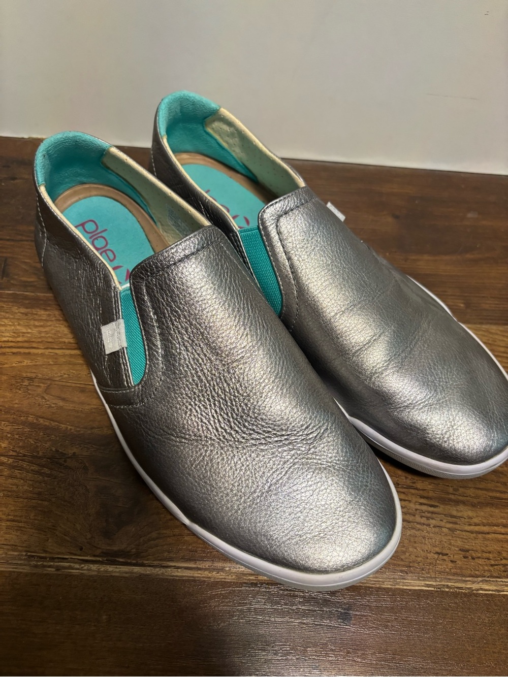 PLAE Women's Metallic Silver Slip-On Sneakers with Teal Lining